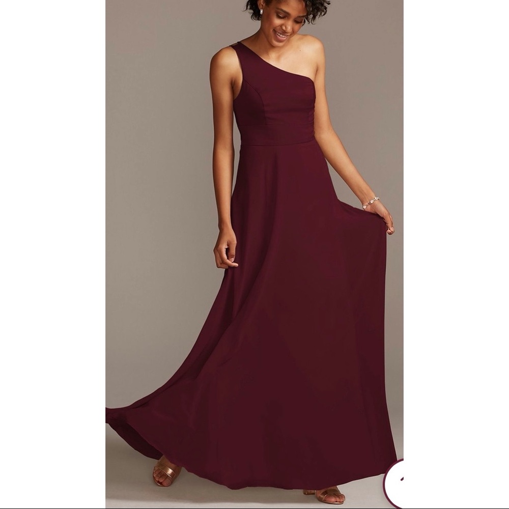 David’s Bridal One-Shoulder Crepe-Back Satin Bridesmaid Dress in Wine